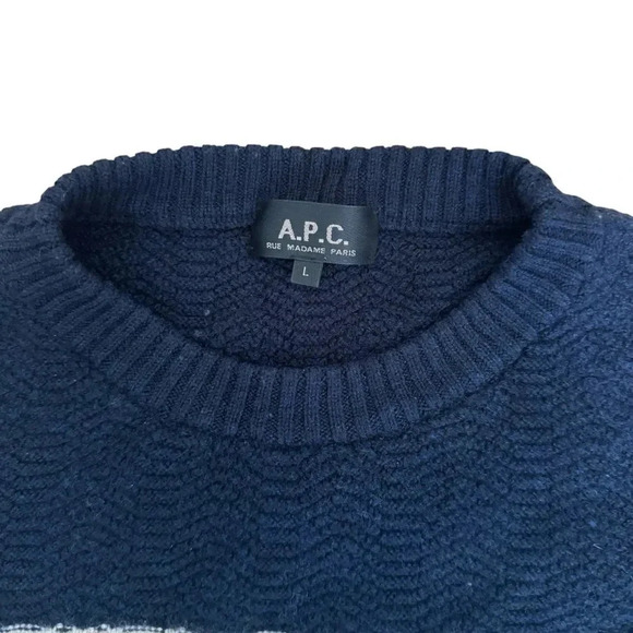 A.P.C. Rue Madame Paris 100% Wool Blue White Sweater striped crew neck S - Picture 7 of 10